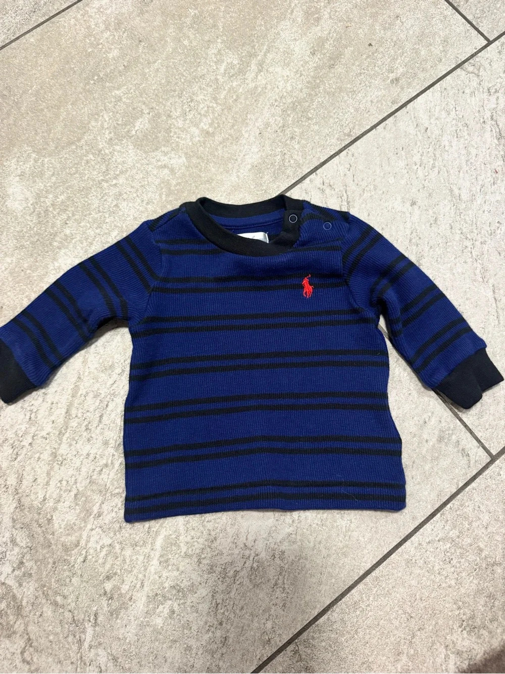 Ralph Lauren Blue and Black Striped Long-Sleeve Tee with Red Pony